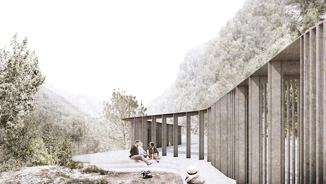 Rest area with toilet facilities at Flesefossen on Norwegian Scenic Route Ryfylke.