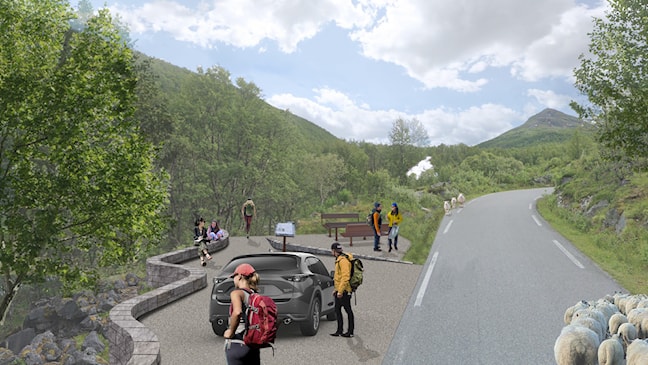 Parking, rest area and trail to the waterfall at Sluppen on Norwegian Scenic Route Aurlandsfjellet.