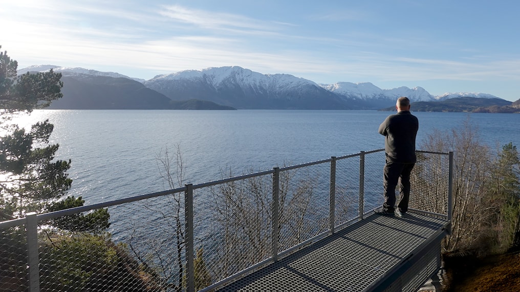 Mann på utsiktsplattform ser ut over Hardangerfjorden.