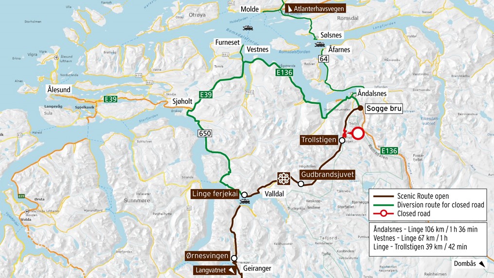 Map showing detours to Trollstigen plateau.