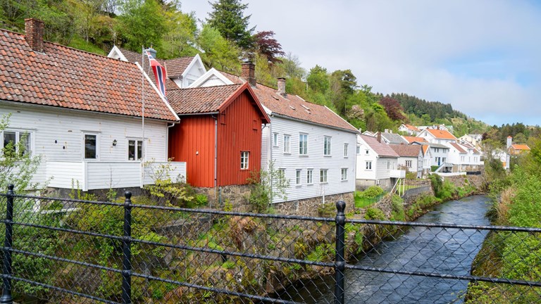 Hvite trehus langs elv.